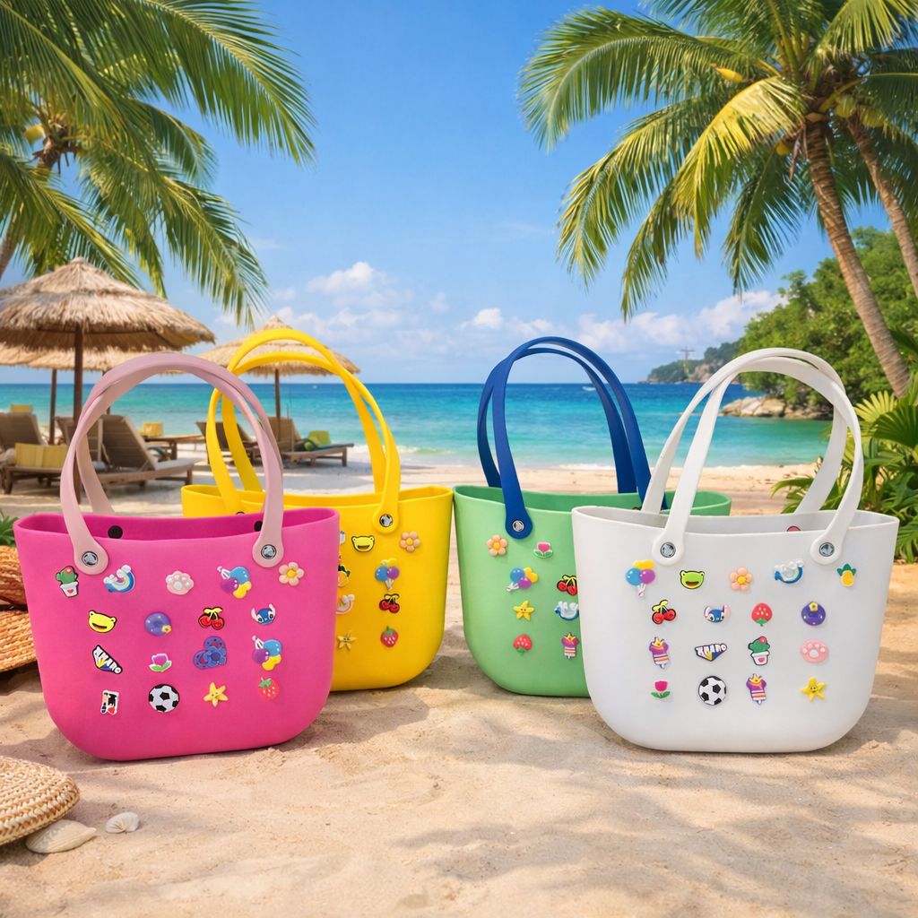 Waterproof Silicone Tote Bag with Charms – Trendy Beach & Everyday Handbag for Teens & Women (4 Colors)
