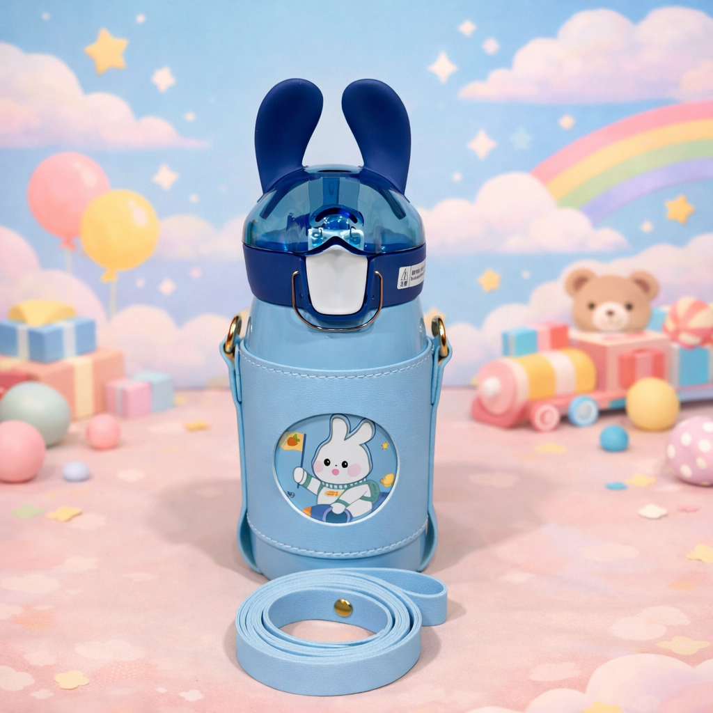 Rabbit Ear Kids Water Bottle with Strap – Leakproof Straw Sipper for School & Travel (4 Colors)
