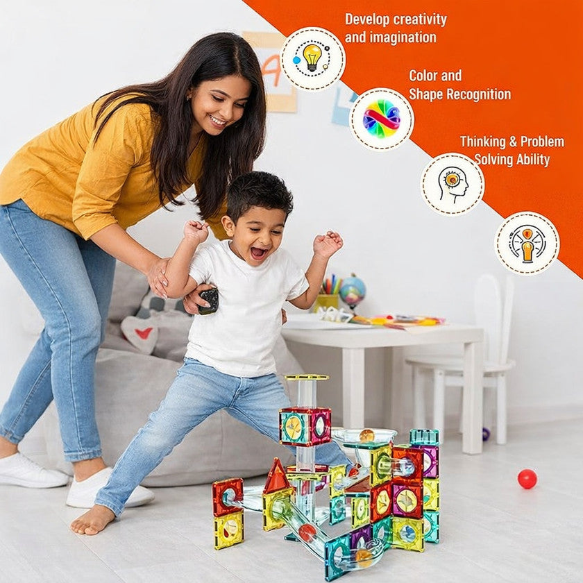Kishuu & Co. 45 PCS Magnetic Tiles Rolling Ball Track Set – STEM Building Blocks Toy for Kids
