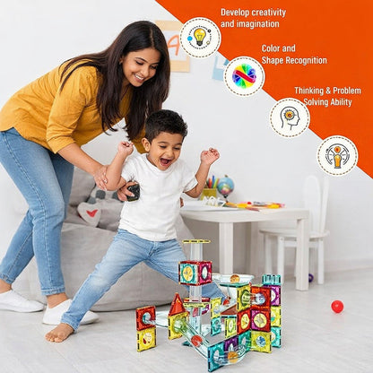 Kishuu & Co. 45 PCS Magnetic Tiles Rolling Ball Track Set – STEM Building Blocks Toy for Kids