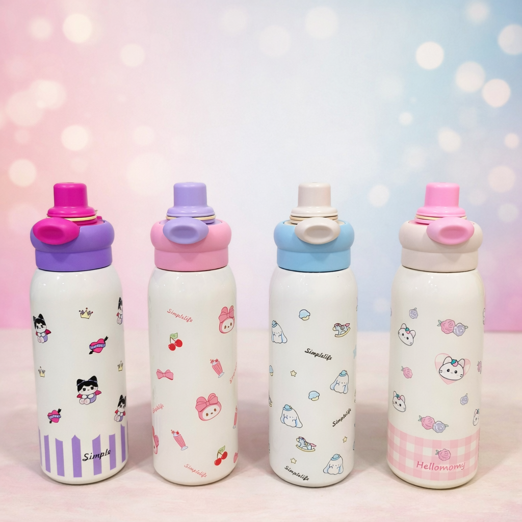 Insulated Stainless Steel Kids Water Bottle – Cute Cartoon Printed School Bottle with Flip Lid (4 Designs)