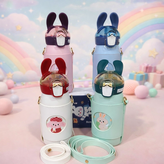 Rabbit Ear Kids Water Bottle with Strap – Leakproof Straw Sipper for School & Travel (4 Colors)