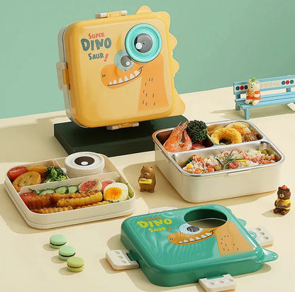 Dino Eye Stainless Steel Lunch Box for Kids – Leakproof Cute Cartoon Tiffin Box with Compartments (School & Travel)