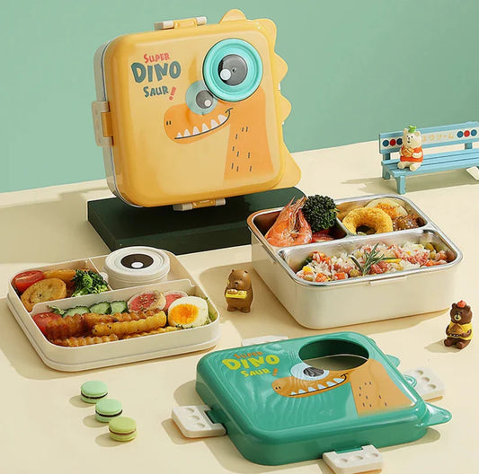Dino Eye Stainless Steel Lunch Box for Kids – Leakproof Cute Cartoon Tiffin Box with Compartments (School & Travel)