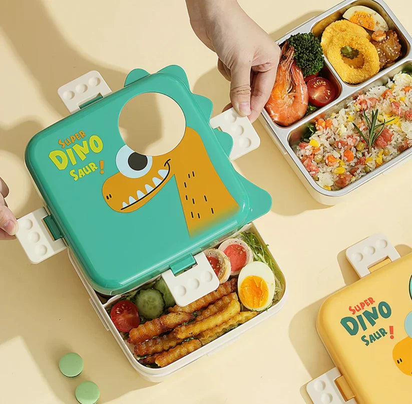 Dino Eye Stainless Steel Lunch Box for Kids – Leakproof Cute Cartoon Tiffin Box with Compartments (School & Travel)