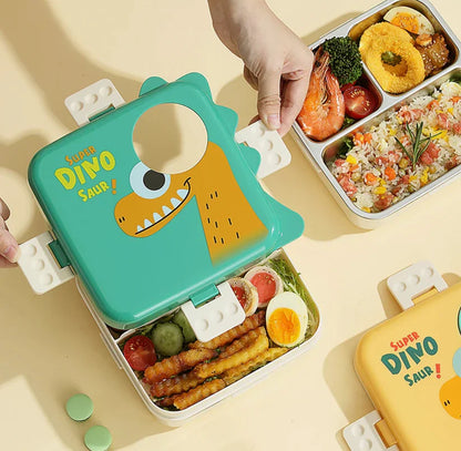 Dino Eye Stainless Steel Lunch Box for Kids – Leakproof Cute Cartoon Tiffin Box with Compartments (School & Travel)