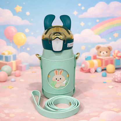 Rabbit Ear Kids Water Bottle with Strap – Leakproof Straw Sipper for School & Travel (4 Colors)