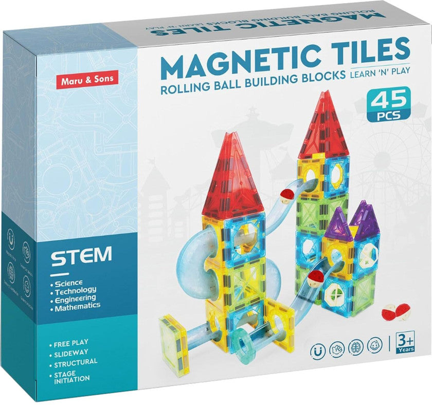 Kishuu & Co. 45 PCS Magnetic Tiles Rolling Ball Track Set – STEM Building Blocks Toy for Kids