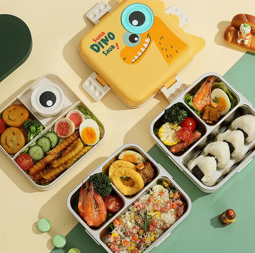 Dino Eye Stainless Steel Lunch Box for Kids – Leakproof Cute Cartoon Tiffin Box with Compartments (School & Travel)