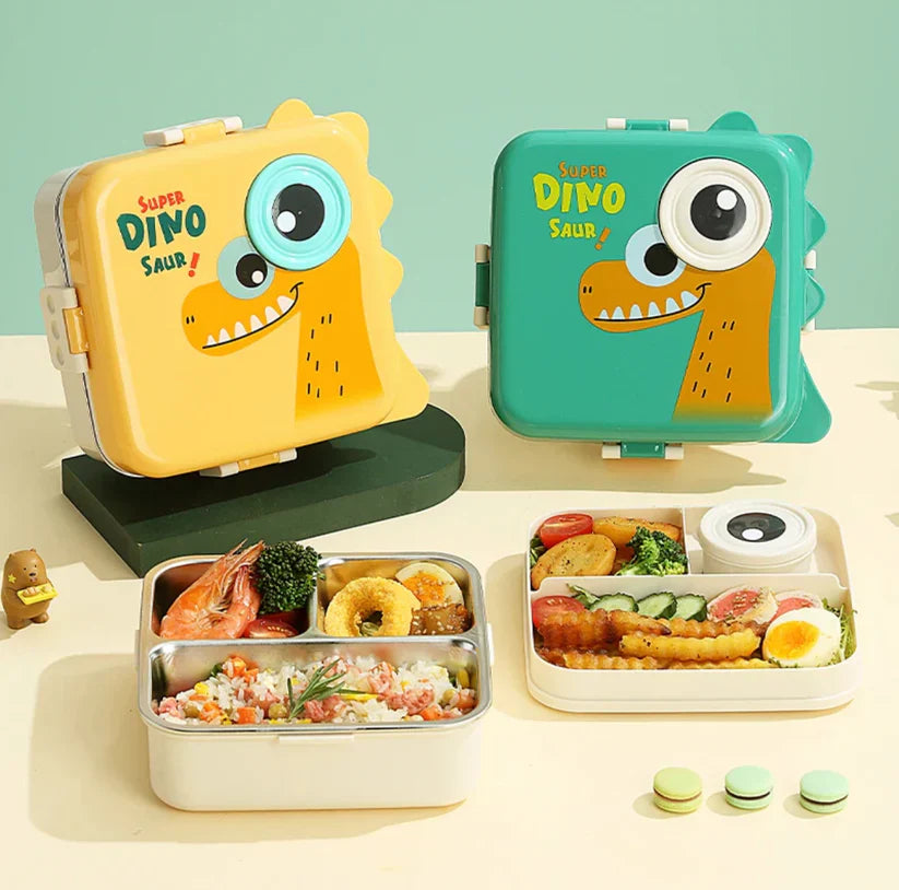 Dino Eye Stainless Steel Lunch Box for Kids – Leakproof Cute Cartoon Tiffin Box with Compartments (School & Travel)