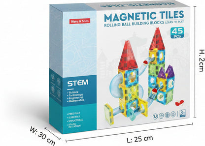 Kishuu & Co. 45 PCS Magnetic Tiles Rolling Ball Track Set – STEM Building Blocks Toy for Kids