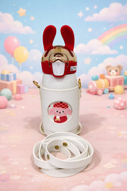 Rabbit Ear Kids Water Bottle with Strap – Leakproof Straw Sipper for School & Travel (4 Colors)
