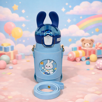 Rabbit Ear Kids Water Bottle with Strap – Leakproof Straw Sipper for School & Travel (4 Colors)