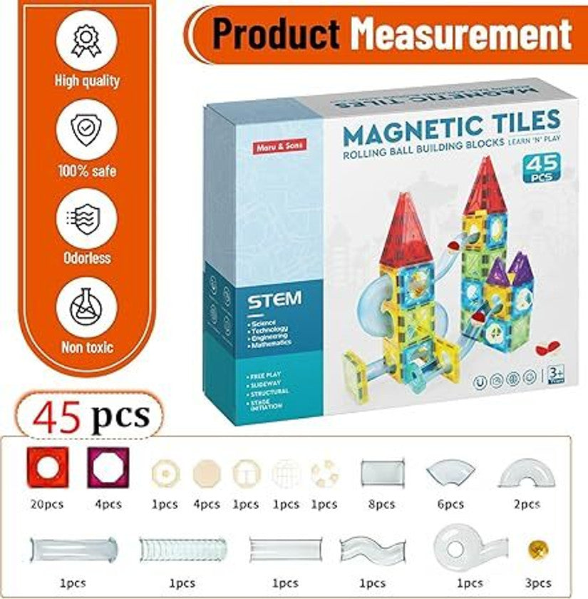 Kishuu & Co. 45 PCS Magnetic Tiles Rolling Ball Track Set – STEM Building Blocks Toy for Kids