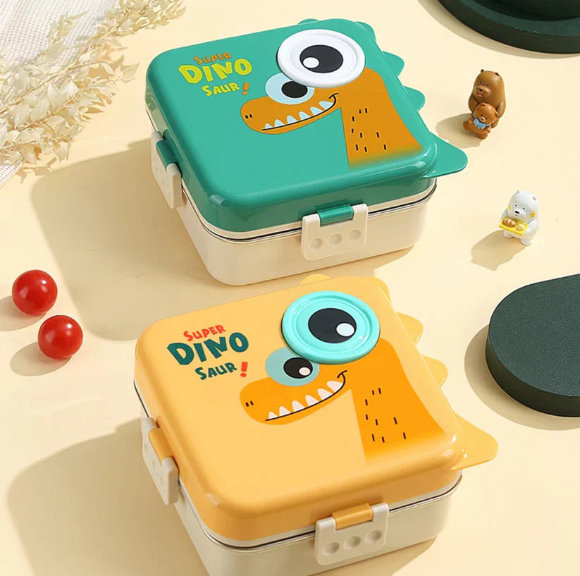 Dino Eye Stainless Steel Lunch Box for Kids – Leakproof Cute Cartoon Tiffin Box with Compartments (School & Travel)