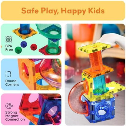 Kishuu & Co. 45 PCS Magnetic Tiles Rolling Ball Track Set – STEM Building Blocks Toy for Kids
