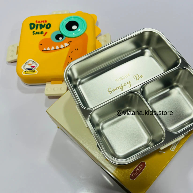 Dino Eye Stainless Steel Lunch Box for Kids – Leakproof Cute Cartoon Tiffin Box with Compartments (School & Travel)