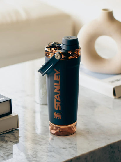 Stanley Style Insulated Protein Shaker Bottle with Storage Compartment – 20oz