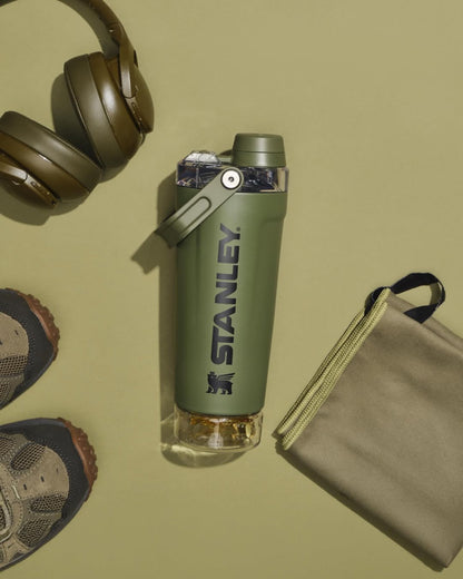 Stanley Style Insulated Protein Shaker Bottle with Storage Compartment – 20oz