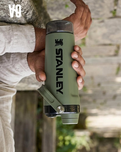 Stanley Style Insulated Protein Shaker Bottle with Storage Compartment – 20oz
