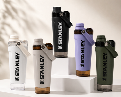 Stanley Style Insulated Protein Shaker Bottle with Storage Compartment – 20oz