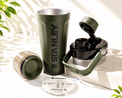 Stanley Style Insulated Protein Shaker Bottle with Storage Compartment – 20oz