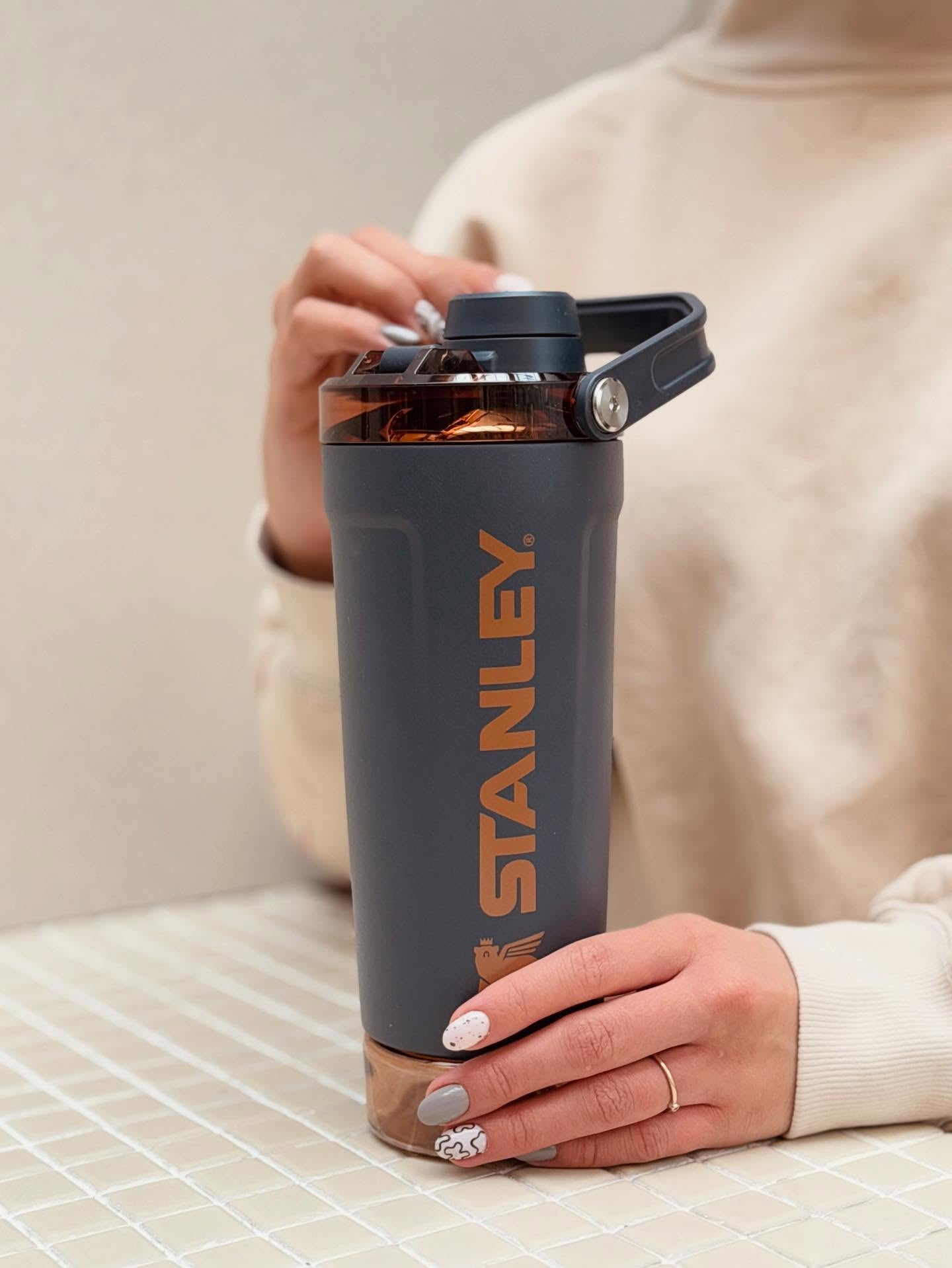 Stanley Style Insulated Protein Shaker Bottle with Storage Compartment – 20oz
