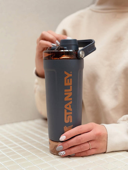 Stanley Style Insulated Protein Shaker Bottle with Storage Compartment – 20oz