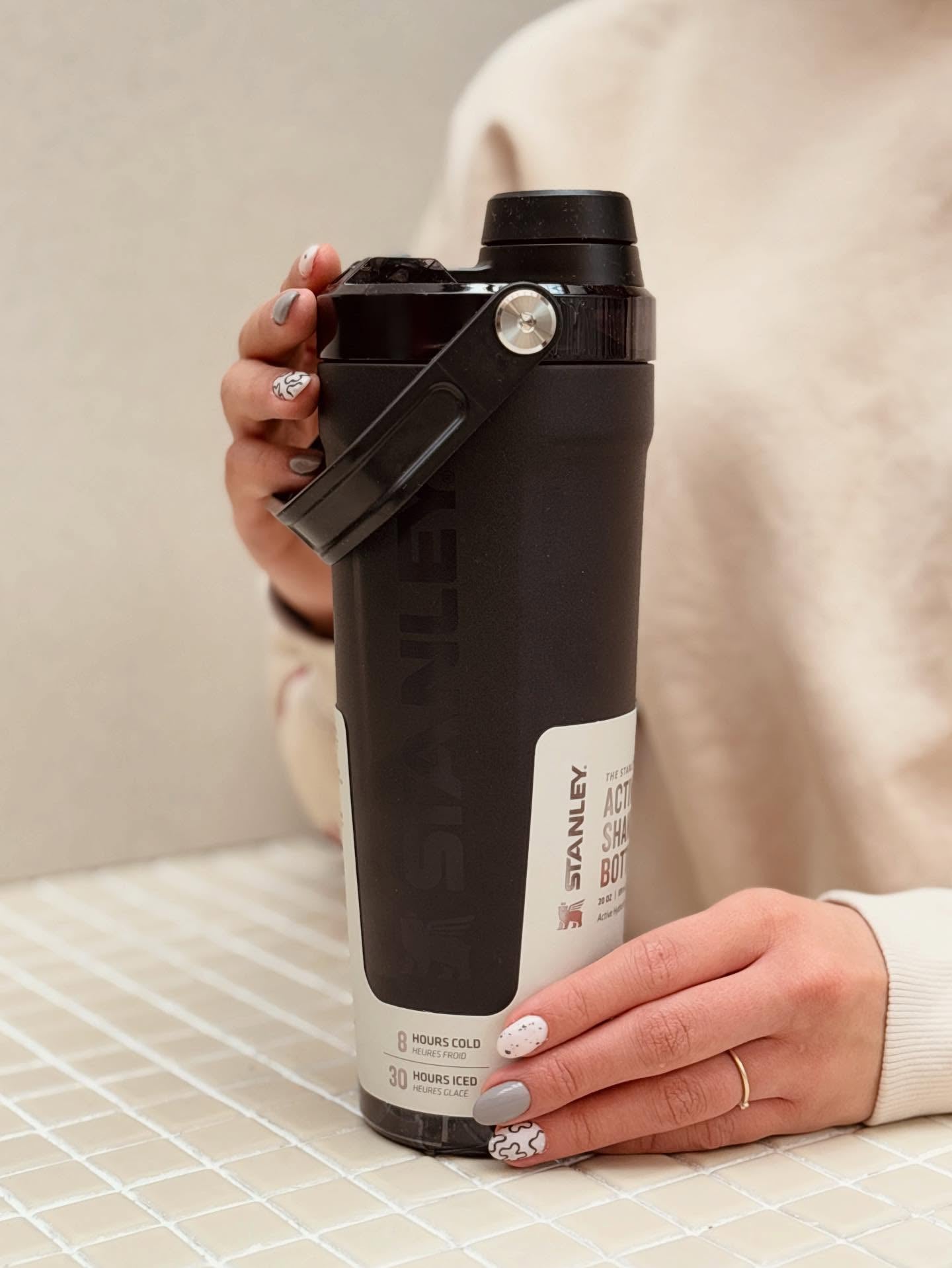 Stanley Style Insulated Protein Shaker Bottle with Storage Compartment – 20oz