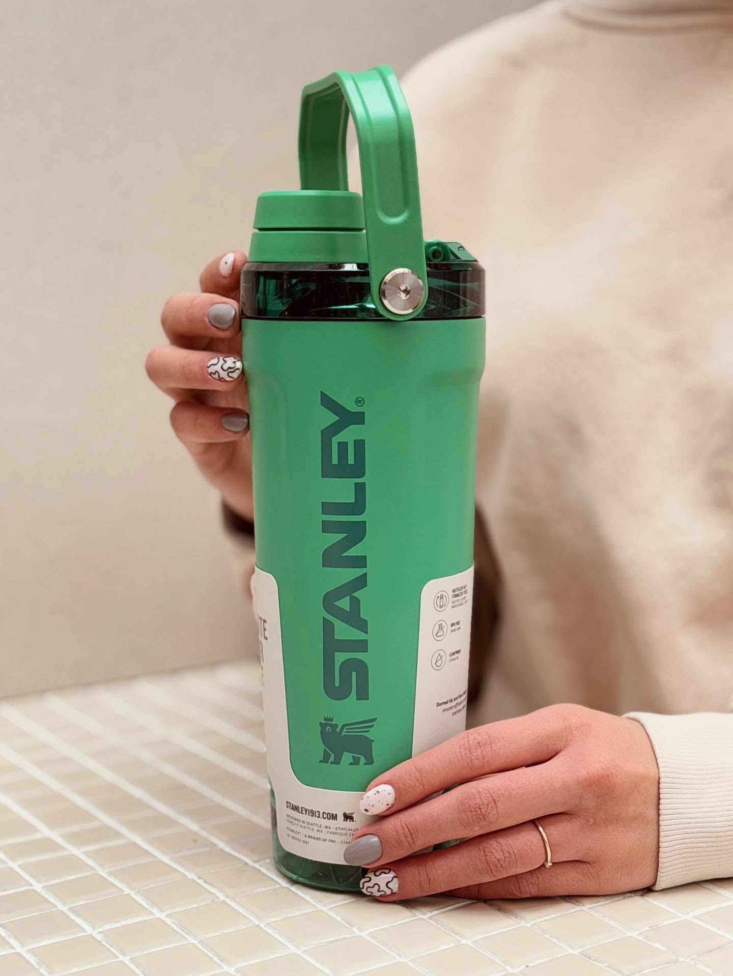 Stanley Style Insulated Protein Shaker Bottle with Storage Compartment – 20oz