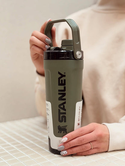 Stanley Style Insulated Protein Shaker Bottle with Storage Compartment – 20oz