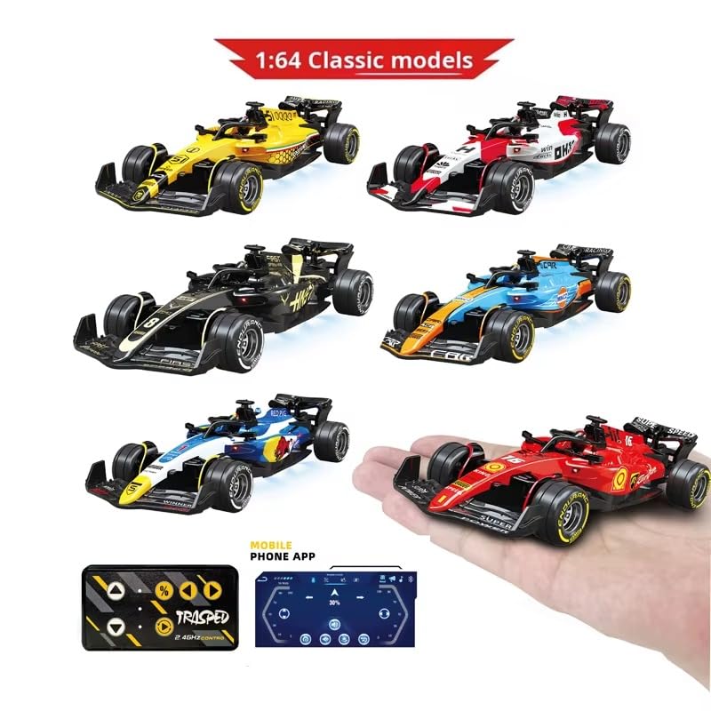 1:64 Alloy F1 Mini RC Car with Display Case | App & Remote Control | 2.4GHz | LED Lights | 3 Speed Modes