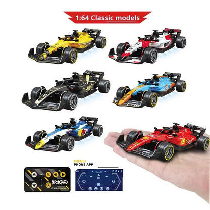 1:64 Alloy F1 Mini RC Car with Display Case | App & Remote Control | 2.4GHz | LED Lights | 3 Speed Modes