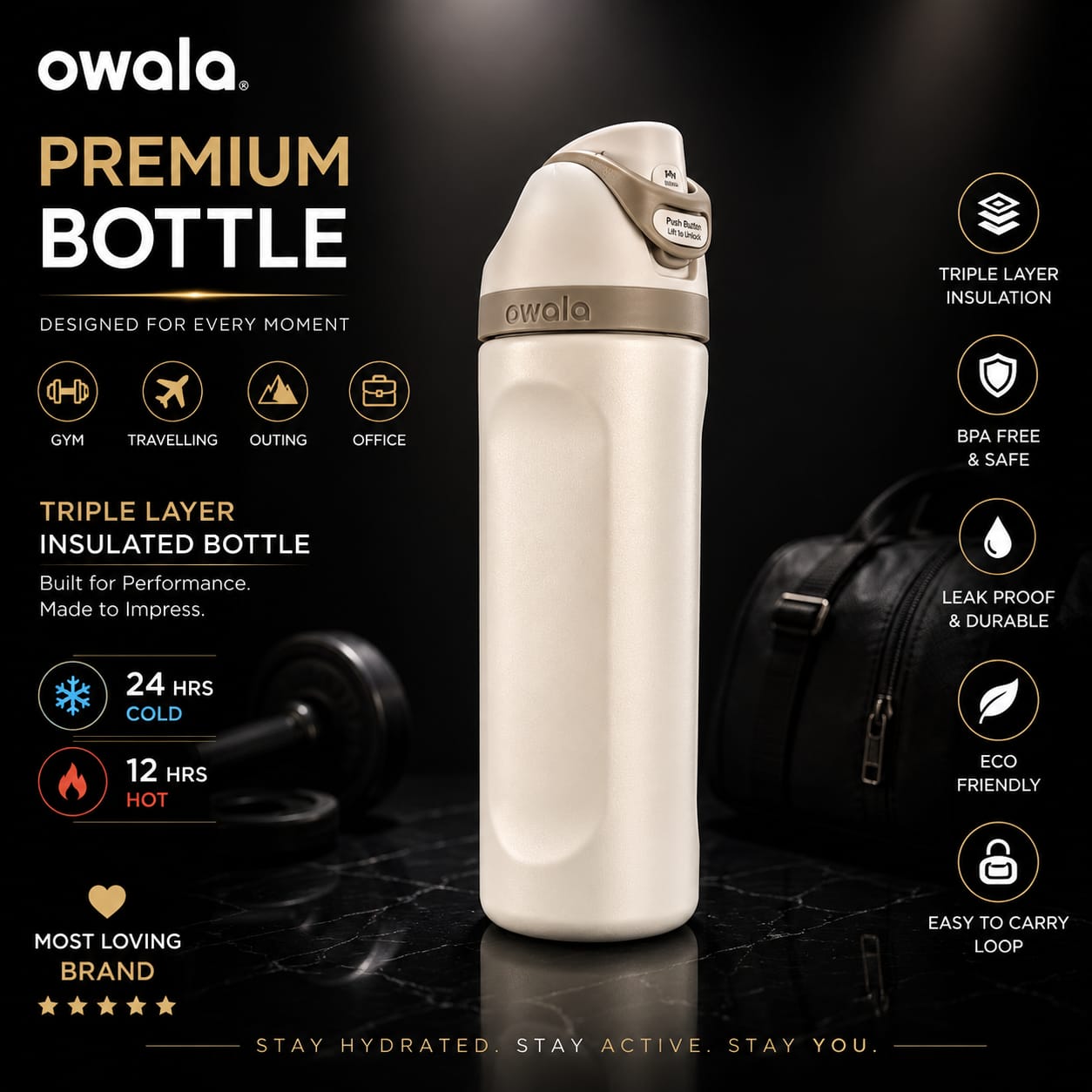 Owala FreeSip 700ML / 24oz Triple Layer Insulated Water Bottle – Premium SS 316 Steel Flask with Push Button Lock Lid