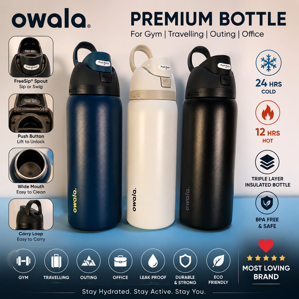 Owala FreeSip 900ML / 32oz Triple Layer Insulated Water Bottle – Premium SS 316 Steel Flask