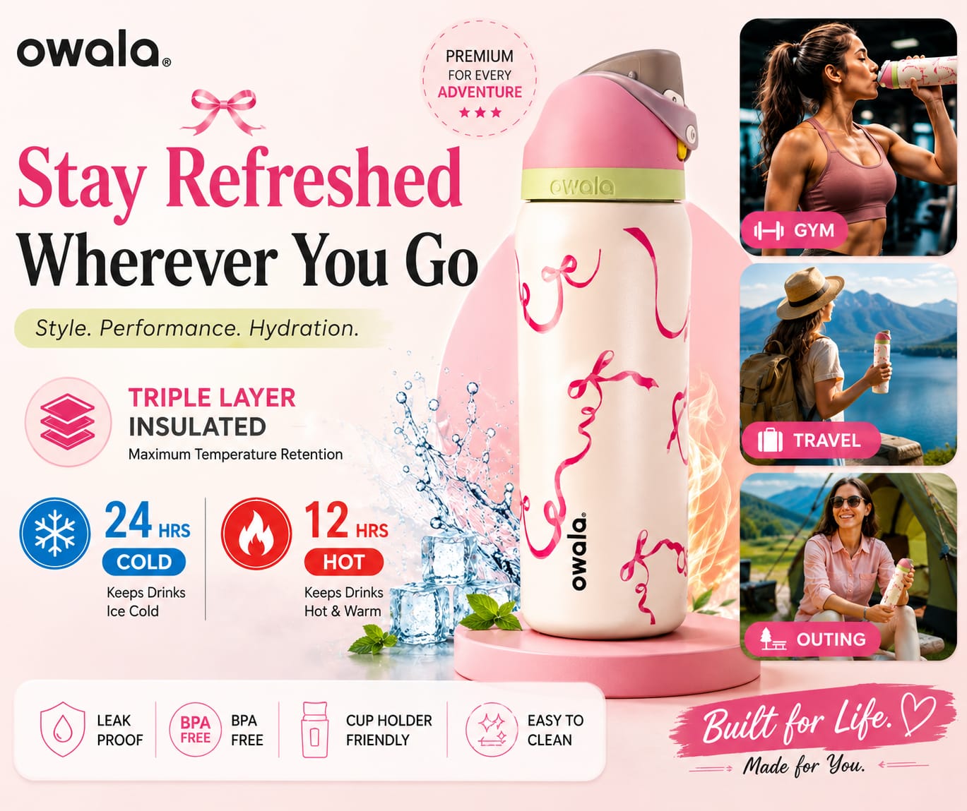 Owala Ribbon Edition 900ML / 32oz FreeSip Water Bottle – Triple Layer Insulated SS 316 Steel Flask