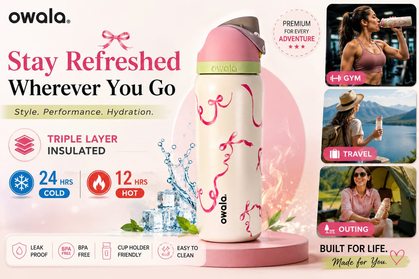 Owala Ribbon Edition 900ML / 32oz FreeSip Water Bottle – Triple Layer Insulated SS 316 Steel Flask